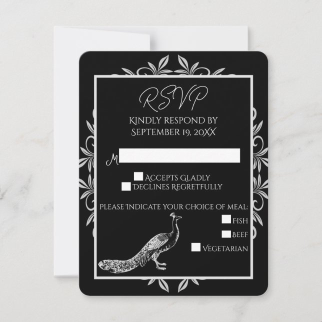 Carte RSVP Black Peacock Flourish Wedish Wedding (Devant)