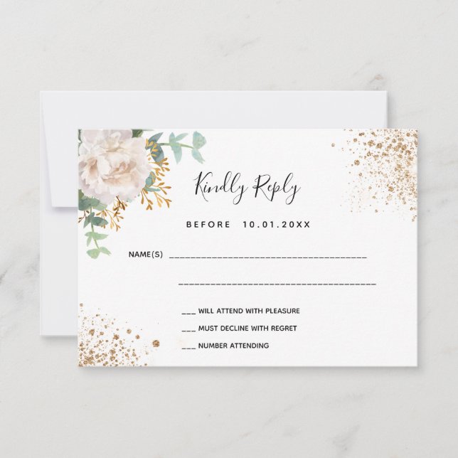 Carte RSVP blanc floral blanc bleu eucalyptus bapt (Devant)