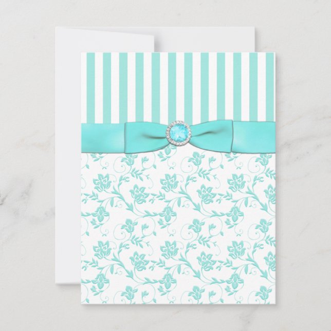 Carte RSVP bleu et blanc à rayures florales Aqua (Devant)