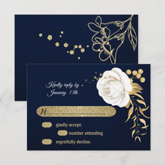 carte RSVP bleu marine floral or blanc (Devant / Derrière)