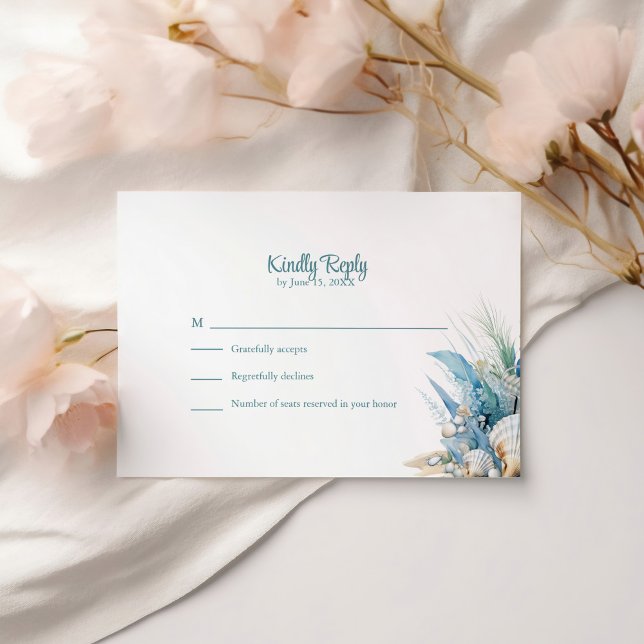 Carte RSVP Boho Blue Floral Beach et Shell Wedding (Boho Blue Floral Beach and Shell Wedding RSVP Card on a table with blush pink flowers.)