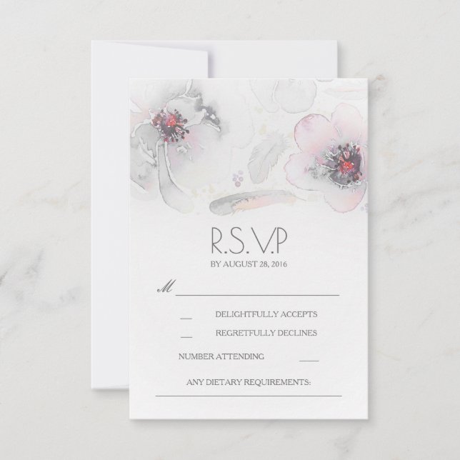 Carte RSVP Boho Floral Feathers Watercolor Grey (Devant)
