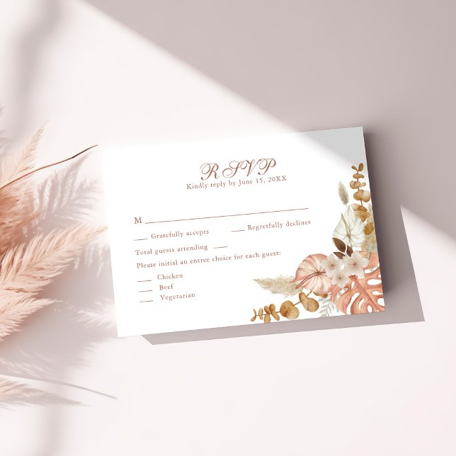 Carte RSVP Boho Floral Pampas Mariage Grass modern (Modern Boho Floral Pampas Grass Wedding RSVP Card on a white table.)