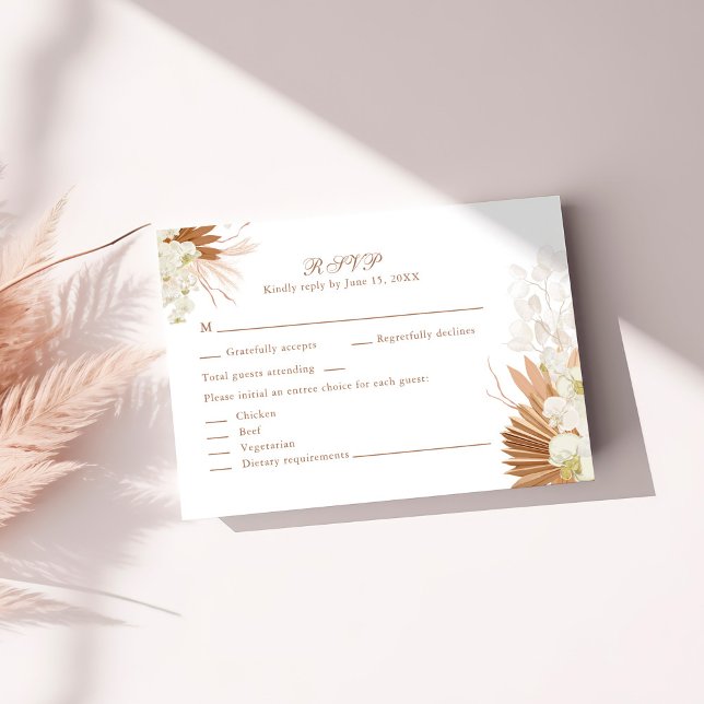 Carte RSVP Boho Terracotta Pampas Grass Orchid (Boho Terracotta Pampas Grass Orchid RSVP Card a sunny table)