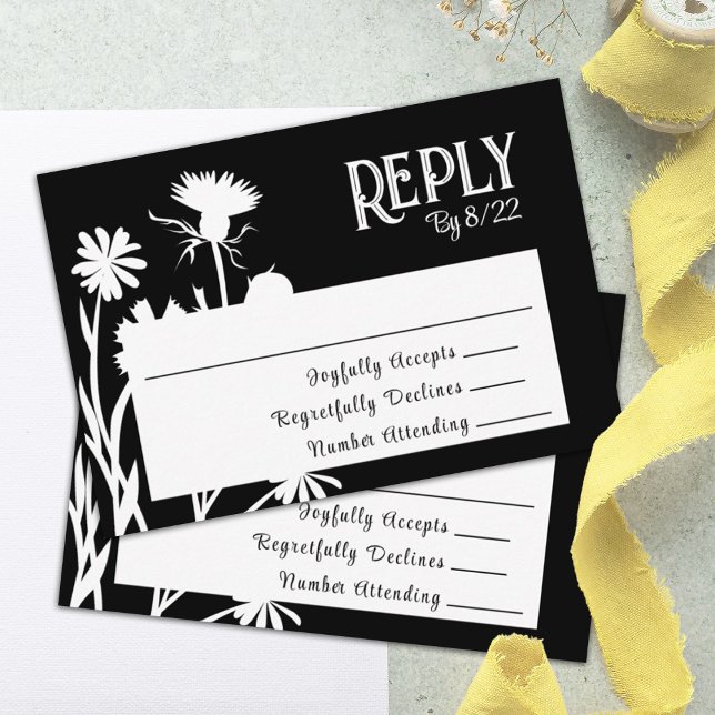 Carte RSVP Botanique Noire moderne (black floral rsvp, reply, response bat mitzvah rsvp enclosure card)