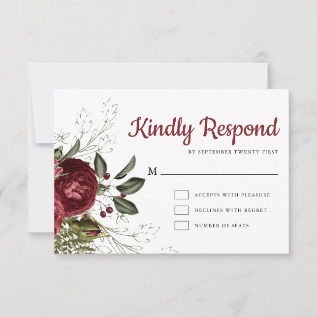 Carte RSVP Bourgogne & Blanc Floral Chic Wedding (Devant)