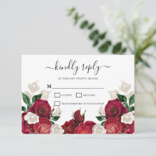 Carte RSVP Burgundy & Blanc Floral Élégant Mariage
