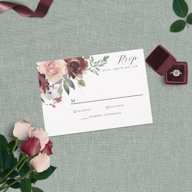 Carte RSVP Burgundy classique Rose et Peony (Créateur téléchargé)