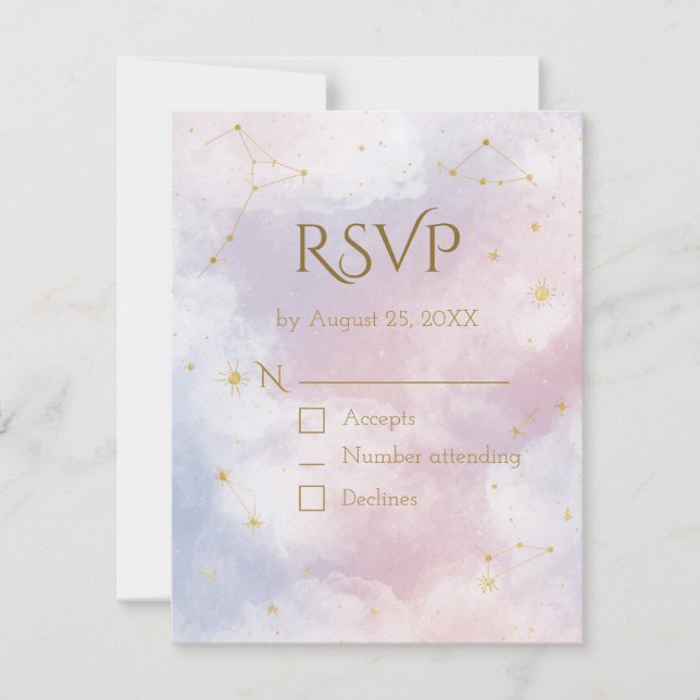 Carte RSVP céleste rose | Etoiles aquarelles (Devant)