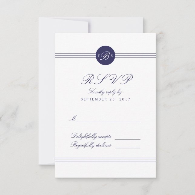 Carte RSVP Chic Navy Blue White Monogram Réponse (Devant)