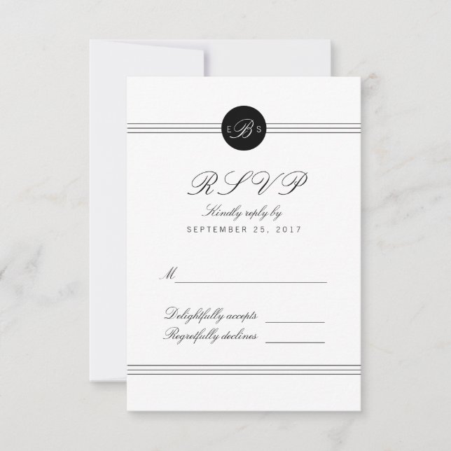 Carte RSVP Chic noir blanc Monogramme Réponse (Devant)