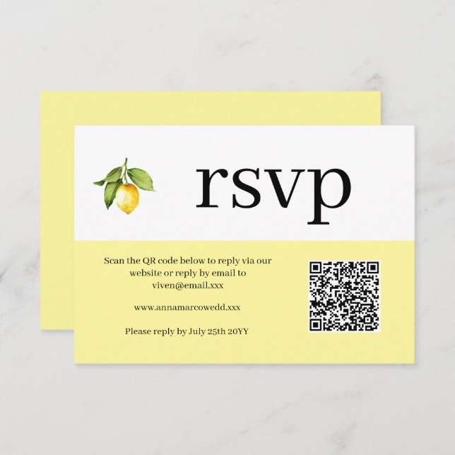 Carte RSVP Code QR citron jaune (Devant / Derrière)