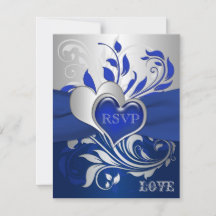 Carte RSVP Coeurs Bleu, Scrolls Argent