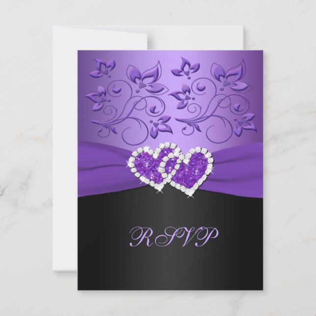 Carte RSVP Cœurs unis floraux noirs et violets (Devant)