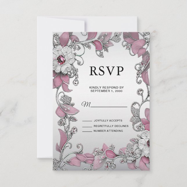 Carte RSVP couleur blanc argenté rose (Devant)