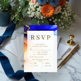 Carte RSVP couleur bleu orange or mariage
