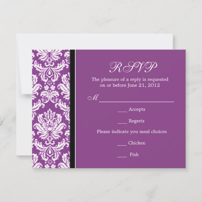 Carte RSVP couleur violet Damask classique (Devant)