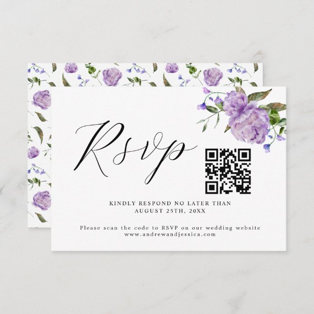 Carte RSVP couleur violet Mariage QR Code (Devant / Derrière)