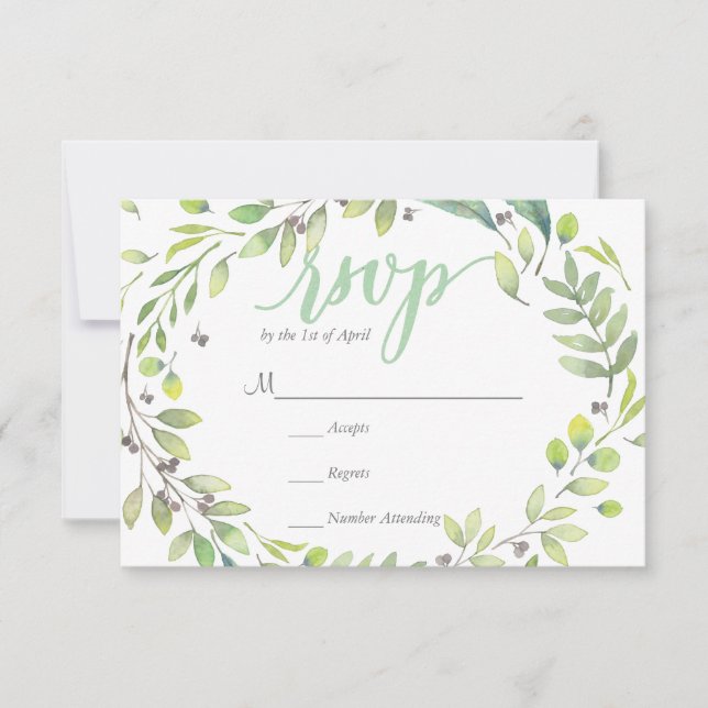 CARTE RSVP Couronne aquarelle verte RUSTIQUE feuil (Devant)