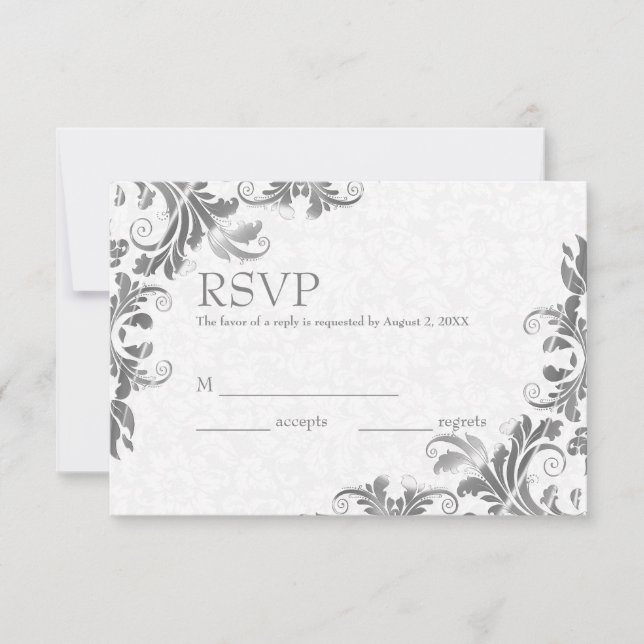Carte RSVP Damas & Dentelles grises blanches (Devant)
