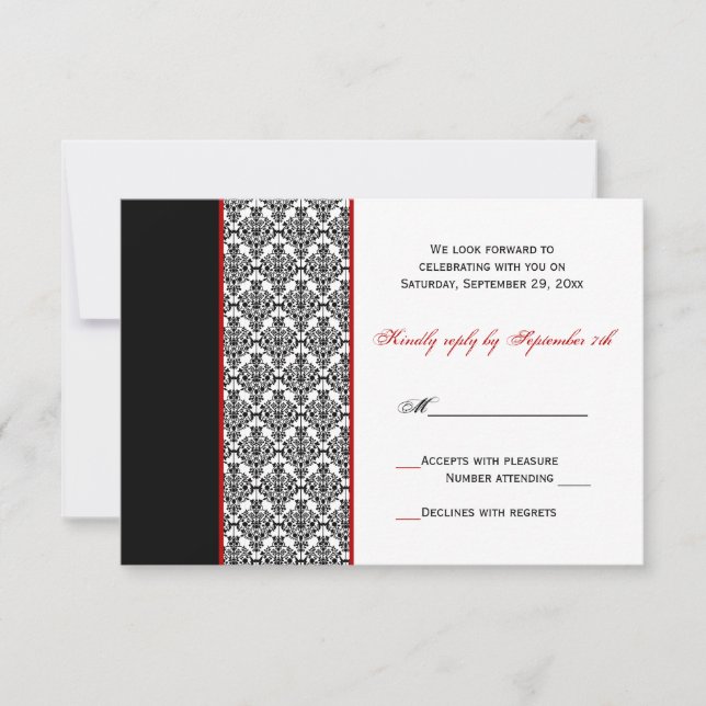 Carte RSVP damassée noir blanc rouge (Devant)