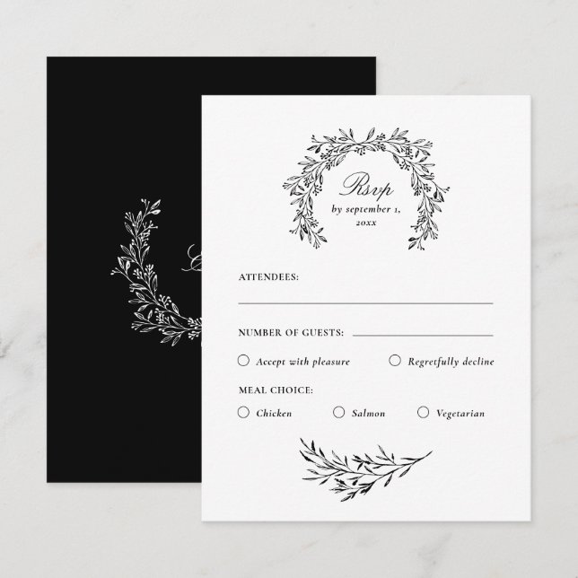 Carte RSVP de choix de repas noir et blanc élégant (Devant / Derrière)