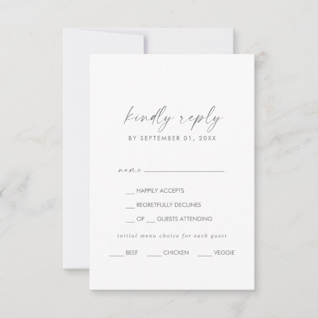 Carte RSVP de choix du menu moderne Silver Script (Devant)