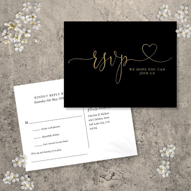 Carte RSVP de demande de chansons Coeur Noir et Or (Black And Gold Heart Script Song Request RSVP Card)