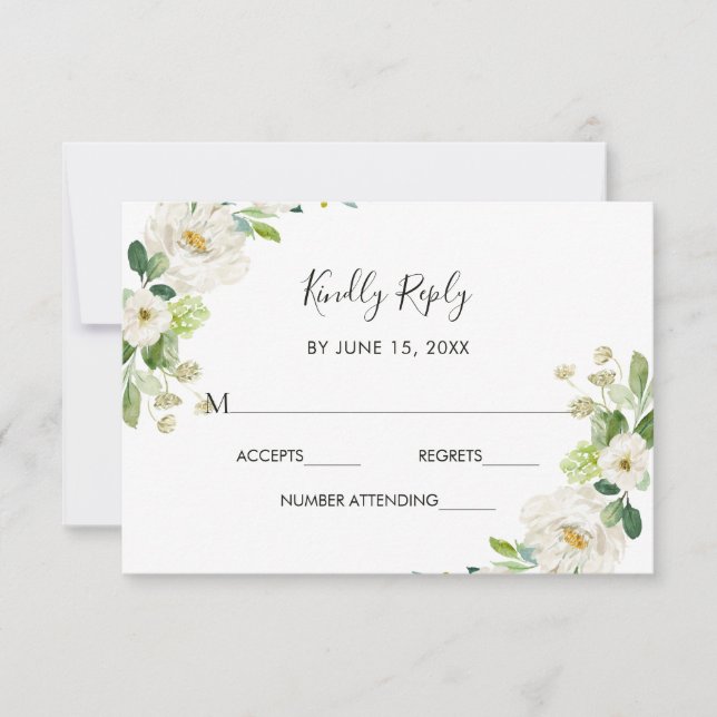 Carte RSVP de mariage à l'aquarelle blanche (Devant)