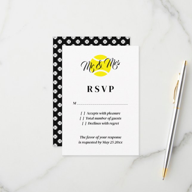 Carte RSVP de mariage à thème de tennis exceptionn (Devant/Arrière en situation)