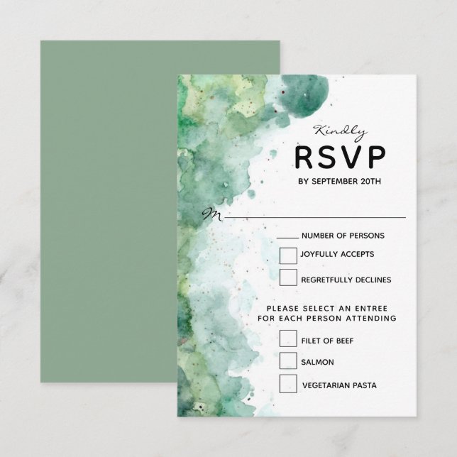 Carte RSVP de mariage Abstraite d'aquarelle verte (Devant / Derrière)