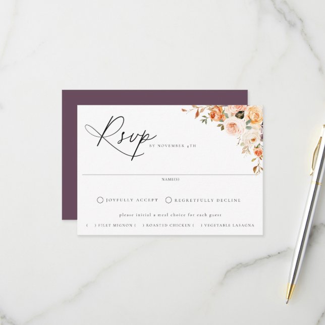 Carte RSVP de mariage au choix de repas floraux d' (Devant/Arrière en situation)