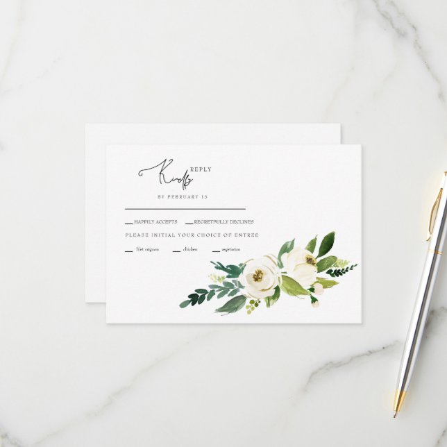 Carte RSVP de mariage aux fleurs blanches (Devant/Arrière en situation)