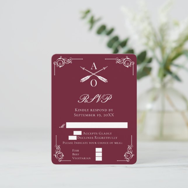 Carte RSVP de mariage avec Monogramme et Flèches r (Debout devant)