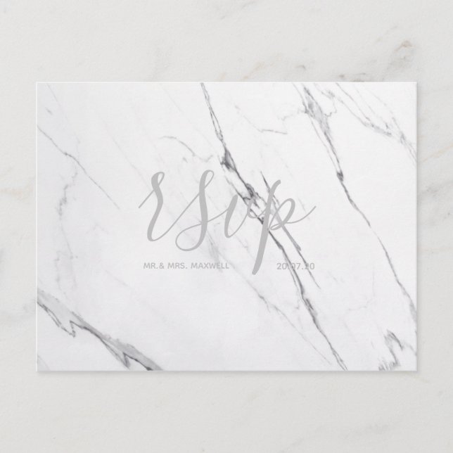 Carte Rsvp de mariage blanc Argent gris Marbre Scr (Devant)