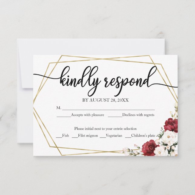 Carte RSVP de mariage Blanc Bourgogne Floral (Devant)