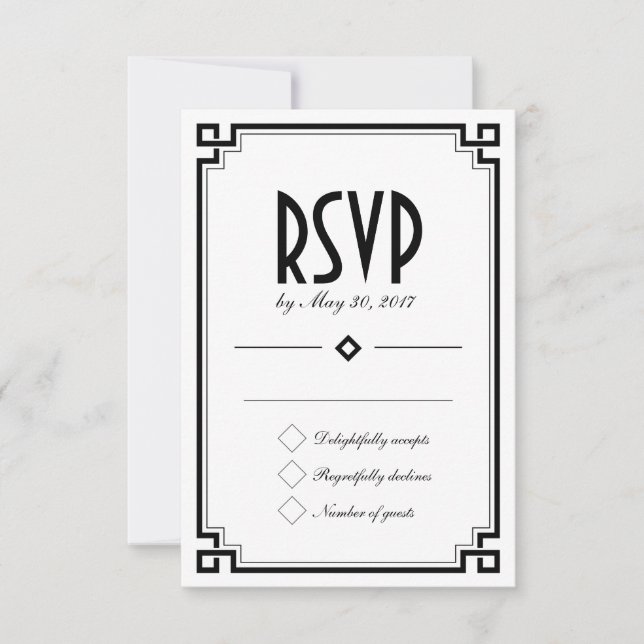 Carte RSVP de mariage blanc cadre Art déco rétro (Devant)