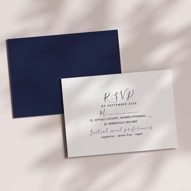 Carte RSVP de mariage blanc et bleu marine minimal (Créateur téléchargé)