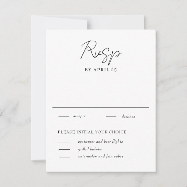 Carte RSVP de mariage blanc et noir minimum (Devant)