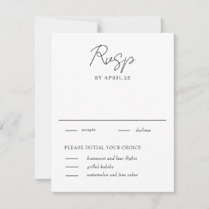 Carte RSVP de mariage blanc et noir minimum