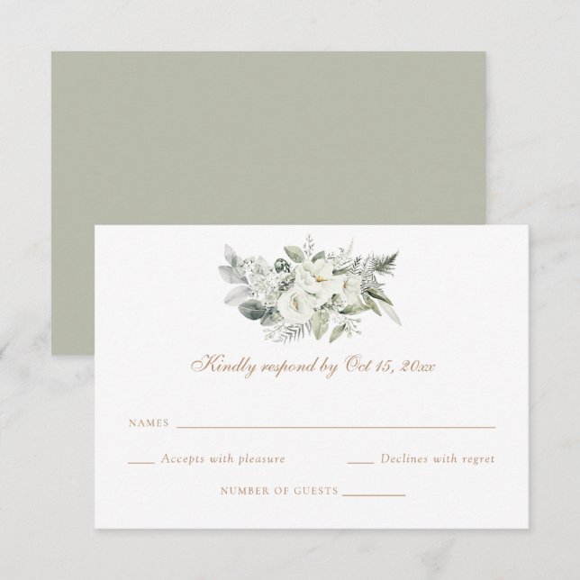 Carte RSVP de mariage blanc floral vert (Devant / Derrière)