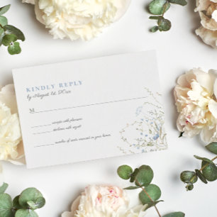 Carte RSVP de mariage bleu, fleur sauvage, pervenc