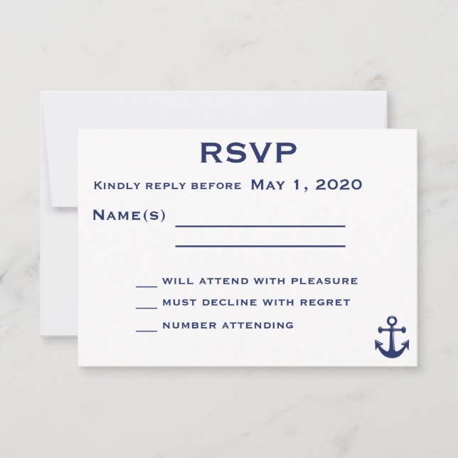 Carte RSVP de mariage bleu marine avec Ancre (Devant)