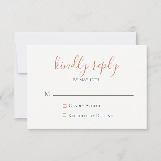 Carte RSVP de mariage bleu marine en cuivre marbré (Devant)