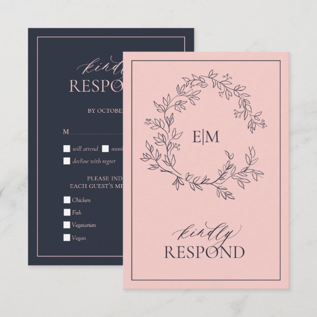 Carte RSVP de mariage bleu marine rose (Devant / Derrière)