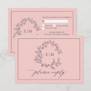 Carte RSVP de mariage bleu marine rose