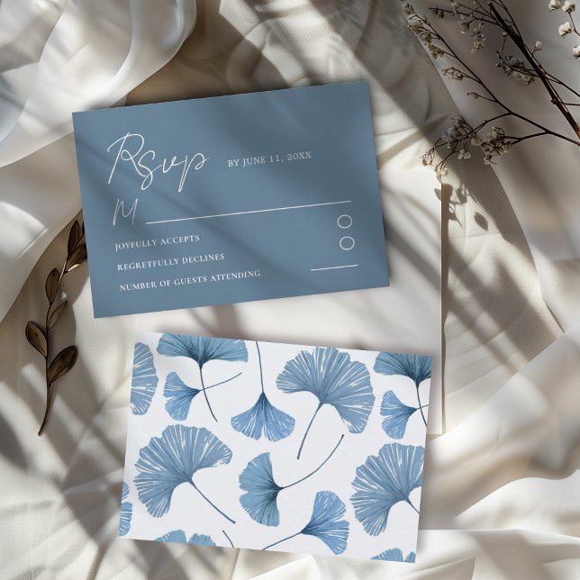 Carte RSVP de mariage bleu moderne Ginkgo Leaf (Créateur téléchargé)