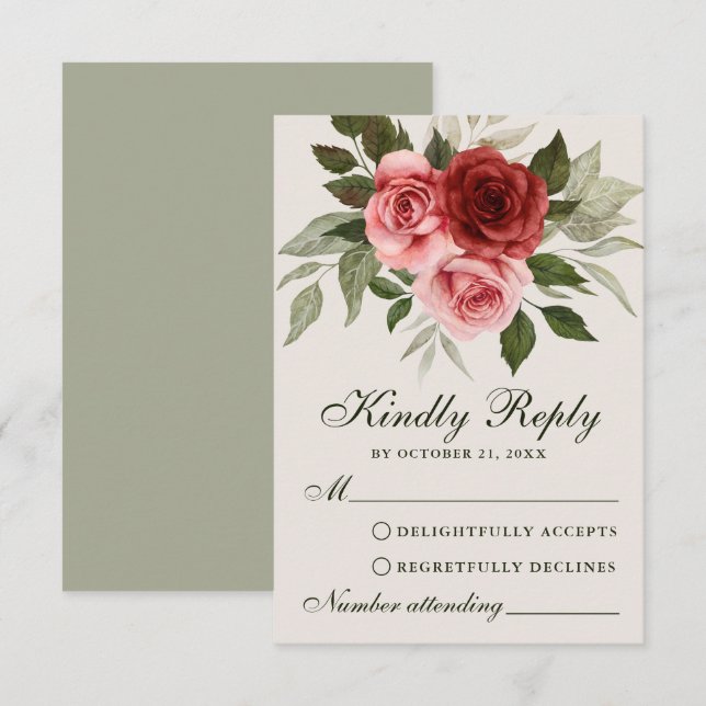 Carte RSVP de mariage botanique Red Roses Watercol (Devant / Derrière)