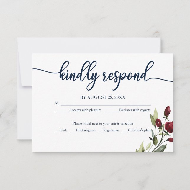 Carte RSVP de mariage Burgundy Navy Bleu Floral (Devant)