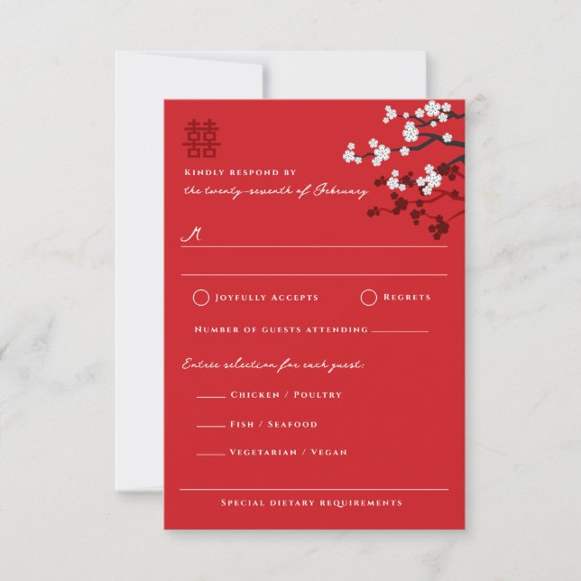 Carte RSVP de mariage chinois Sakura Double Bonheu (Devant)